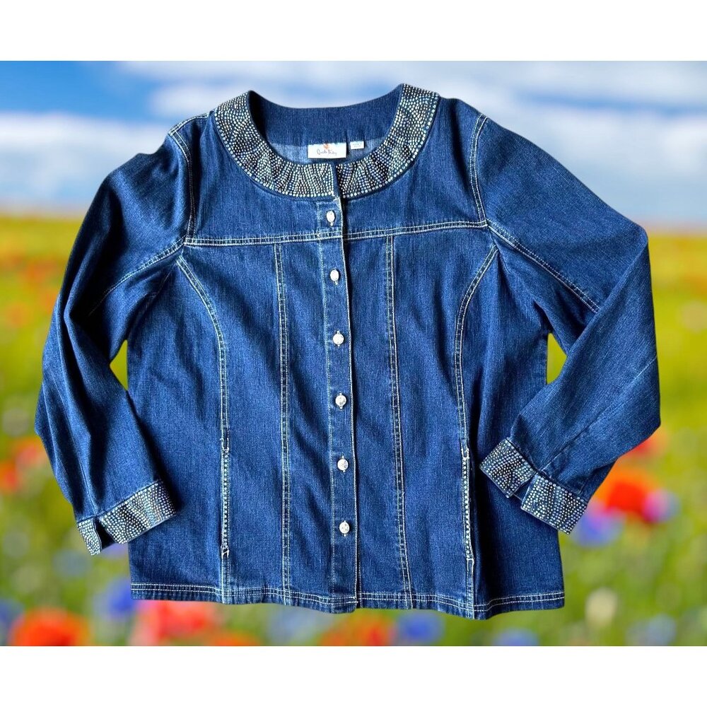 Vintage Quacker Factory Jean Jacket Large Blue Denim Embellished Front B…
